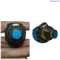 แหวนหินเทอร์ควอยส์ หินลาพิสลาซูลี่ แหวนทองเหลือง ขนาด 54 Rare Unique Turquoise, lapis lazuli Ring Br