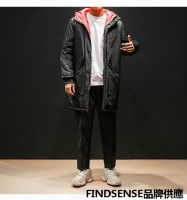 FINDSENSE品牌 秋冬季 新款 日本 男 個性 高品質 輕薄 拼色羽絨服 連帽 中長款 保暖羽絨外套 潮流上衣外套