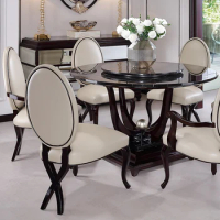 French neoclassical marble round dining table with turntable high-grade dining table leather dining chair