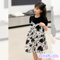 【UniKids】中大童裝假兩件短袖洋裝 韓版碎花拼接連身裙 女大童裝 VWHT9969(假兩件)