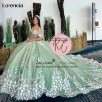 Princess Mint Green Quinceanera Dress Ball Gown 3D Floral Applique Beaded Corset Sweet 16 Dress Mexican Vestidos De 15 XV Años