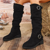 Size 35-40 Fashion Boots Women's High Boots Wrinkled Belt Buckle Long Boots Cowboy Boots Suede Boots