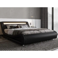 King Size Bed Frame with Adjustable Headboard/No Box Spring Need, Faux Leather in Black, LED Platform Bed Frame