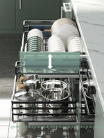 拉籃廚房櫥柜雙層調味碗碟柜內304不銹鋼內置收納碗架抽屜式碗籃