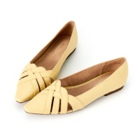 【HERLS】平底鞋-全真皮編織鏤空小方頭平底鞋(黃色)