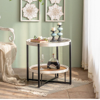 復古鐵藝雙層小茶幾客廳沙發邊幾鋼化玻璃雕花小圓桌簡易床頭柜