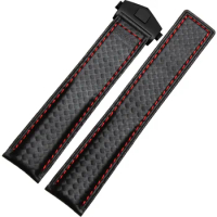 19mm/20mm/22mm Genuine Leather Fiber Watch Band For Samsung Watch Man Rubber Watch For Strap Durable Replacement Black red line