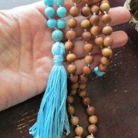 108 Bead Mala Necklace Turquoises and Sandalwood Necklace Tassel Necklaces Yoga Mala Beads Jewelry Prayer Beads Necklaces