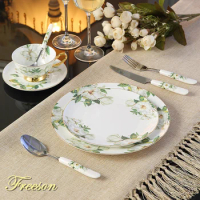 Europe Pastoral Bone China Tableware Set with Fork Knife Dishes Plates British Royal Advanced Porcelain Meal Cutlery Dinnerware