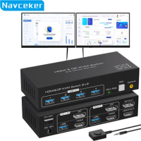Navceker 2x2 HDMI DP KVM switch 4K 120Hz Dual Monitor Extended Display 8K USB KVM Switcher 2 in 2 out for 2 Computers 2 Monitors