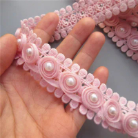 50x Pink Pearl Rose Flowers 3D Chiffon Embroidered Lace Trim Ribbon Applique Fabric DIY Wedding Dress Sewing Supplies Craft 25mm