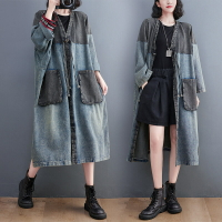 風衣長版外套-牛仔撞色拼接V領中長款復古女外套藍色74jb15【米蘭精品】【獨家進口】
