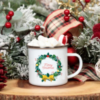 Christmas Wreath Printing Enamel Mug Camping Mug Christmas Gift for Grandma Mum Nana Home Decor Hygge Gift Coffee Mugs