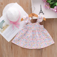 Summer girl kid sweet solid color printed pattern square neck strap dress princess dress baby dress+bow hat 6M-2T