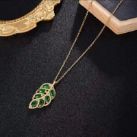 Real 24K Gold Color Gold Inlaid Micro Inlaid Leaves Pendant Necklace for Women Pure 999 Color Chain Wedding Fine Jewelry Gifts