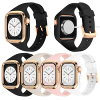 Stainless Steel Armor Case+Liquid Silicone Rubber Strap For Apple Watch Series 8 7 6 5