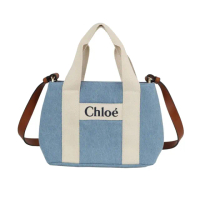 【Chloe’ 蔻依】CHC24SB200046Z10 經典LOGO帆布牛皮飾邊手提斜背包(藍色)