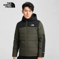 【The North Face】北面男款綠黑拼接防潑水保暖連帽羽絨外套|4U8221L