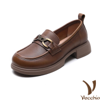 【Vecchio】真皮樂福鞋 粗跟樂福鞋/全真皮頭層牛皮經典馬銜扣飾粗跟便鞋 樂福鞋(卡其)