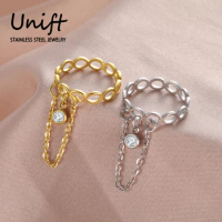 Unift Clear Zircon Infinity Ring with Chain Stainless Steel Couple Rings for Women Men Fashion Luxury Engagement Wedding Jewelry