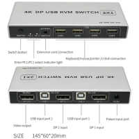 Dual-port 8K Displayport KVM Switch USB Displayport KVM 144Hz DP Switcher 4KX2K/60Hz 2K/144Hz Displayport 2 in 1 out KVM USB