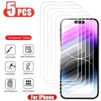 5Pcs Tempered Glass for IPhone 14 13 12 11 Pro Max Screen Protector for IPhone 12Mini 13Mini 7 8 15 Plus SE X XS XR 14Pro Glass