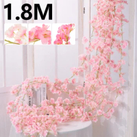 1.8m Pink Cherry Blossom Artificial Flower Garland Blossoms Vines Garden Arch Decor for Home Wedding Outdoor Wall Garden Party
