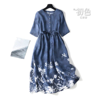 【初色】藍染印花圓領短袖綁帶A字裙連衣裙連身洋裝長洋裝-藍色-34850(M-2XL可選)