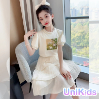 【UniKids】中大童裝2件套花朵短袖T恤半身裙 女大童裝 CV2346(杏 紫)