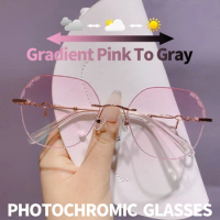 SHOWYES Photochromic Women Eyeglasses Elegant Purple Diamond Rimless Glasses Sun Photo Gray Custom Prescription Charming Eyewear