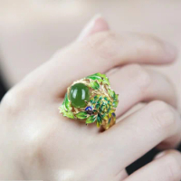 2021 new jasper ring s925 silver gold-plated jewelry cloisonne craft green leaf open ring