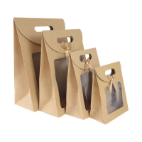 Kraft Paper Portable Gift Bag PVC Clear Window Packaging Bags for Small Business, Birthday, Christmas Present Wrap 31 26 20 16cm