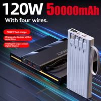 New 50000mAh 120w Portable Fast Power Bank Four Wires External Battery Charger Powerbank Suitable For IPhone Samsung Xiaomi