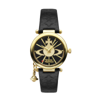 【Vivienne Westwood】金框 黑面 黑色皮革錶帶 小裝飾設計 小錶盤 女錶 32mm 母親節(VV006BKGD)