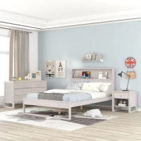 3-Pieces Bedroom Sets Queen Size Platform Bed with Nightstand and Dresser, Sturdy Frame, Space Saving, Antique White