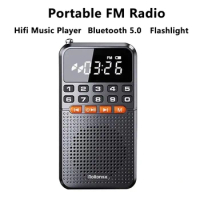 Portable FM Mini Radio Dual Antenna Pocket Radio Receiver Bluetooth 5.0 Speaker TF Card Music Player with LED Flashlight