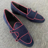 New Arrival Dark Blue Suede Loafers Monk Strap Shoes For Men British Style Slip On Leather Casual Shoes Mocassins Dress Shoes