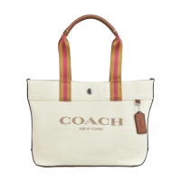【COACH】COACH 刺繡LOGO條紋撞色提把設計帆布釦式手提包(小/自然白x土黃x粉)