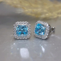 1.50ct x 2 Halo Topaz Blue Radiant Cut Diamond Simulated S925 Sterling Silver Earring