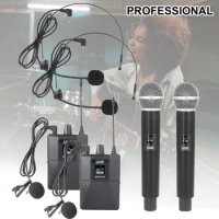 Wireless Microphone Professional UHF Dual Microphone System Set Wearable Transmitter and Lavalier Microphone for Meeting Party