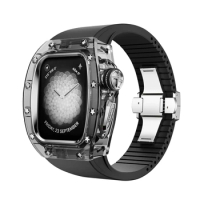 Fashion Retrofit Case Viton Strap Crystal Mod Kit for Apple Watch 44mm 45mm Luxury iWatch Series 9 8 7 6 5 4 SE black band