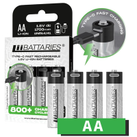 LiiBATTARIES 1700mAh Type-C 快速充電 1.5V 鋰離子電池 AA (4粒裝)
