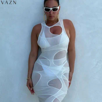 VAZN 2023 New Arrival Young Sexy Solid See Through Lace Beach Holiday Round Neck Tank Sleeve High Waist Women Long Pencil Dress