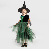PIKYO New Halloween Costume Mesh Dress Children's Witch Performance Outfit Witch Dress with Hat