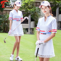 高爾夫球服裝 女士連衣裙 V領高腰蕾絲撞色印花拼接修身運動短裙