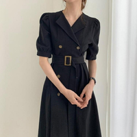 【樂天精選】復古西裝裙棉麻洋裝2020新款韓版女夏中長款修身顯瘦雙排扣裙子