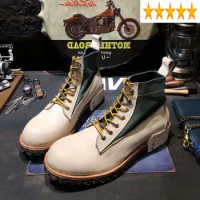 Genuine Retro Toe Mens Round Leather Riding Canvas Patchwork Cargo Work Safety Shoes High Top Lace Up Block Heels Boots