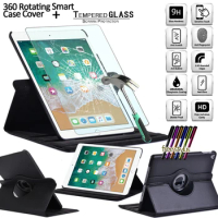 For Apple IPad 2 3 4/iPad Pro/iPad (5th Gen/6th Gen)/Air/Air 2 360 Tablet Rotating Case Leather Black Stand Cover +Tempered Film