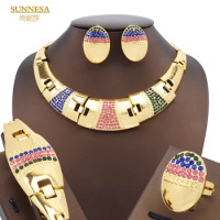 SUNNESA 18k Gold Plated Round Necklace Jewelry Set Brazilian Wedding Colorful Zircon African Clip Earrings Bracelet Ring