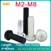 100/ 50/ 20pcs M2 M2.5 M3 M4 M5 M6 M8 Metric Thread Black White Nylon Plastic Phillips Pan Head Cross Round Screw Bolt L= 4-60mm